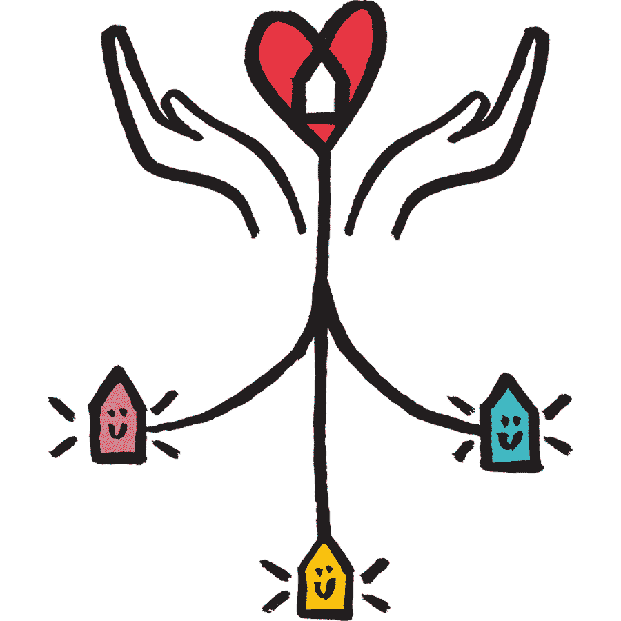 Illustration of two hands holding a heart and supporting three homes