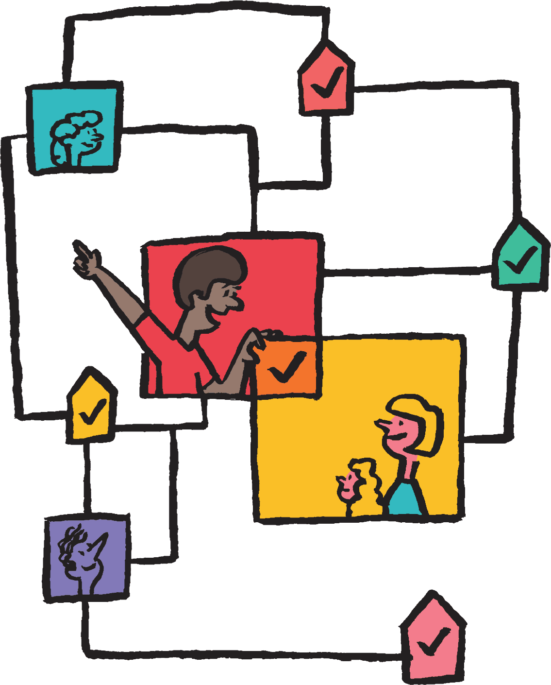 Illustration of people connected working in a network