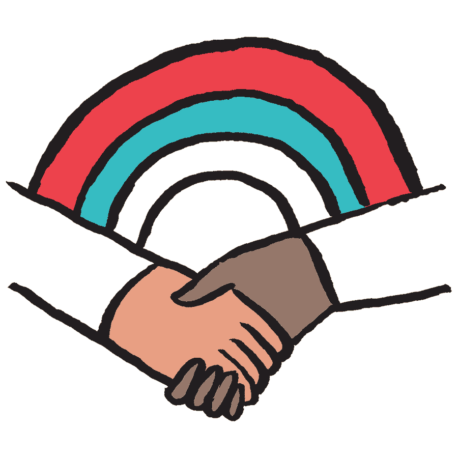 Two hands shaking and a rainbow