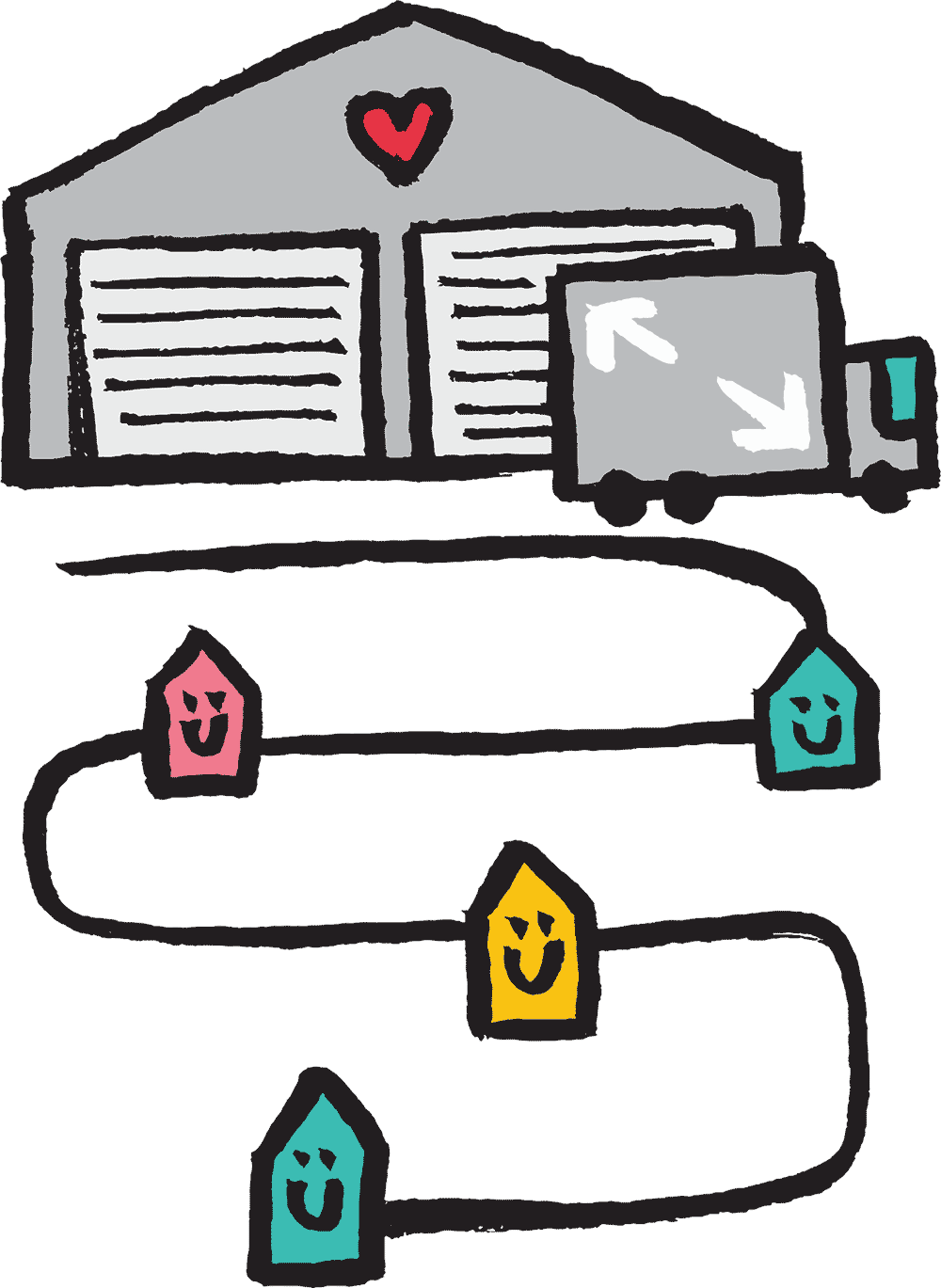 Illustration of The Big House warehouse with vans delivering goods